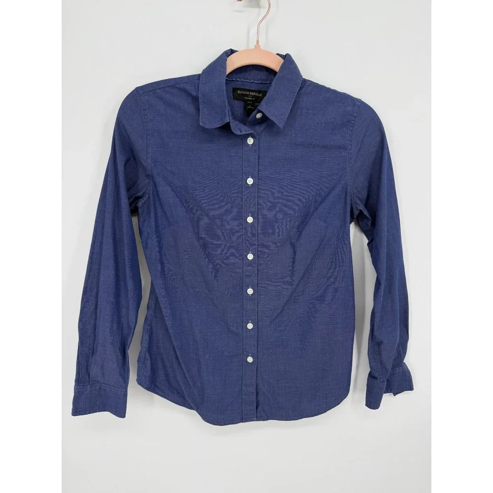 Banana Republic Button Down Shirt Women 2 Petite Blue Tailored Fit Long Sleeve